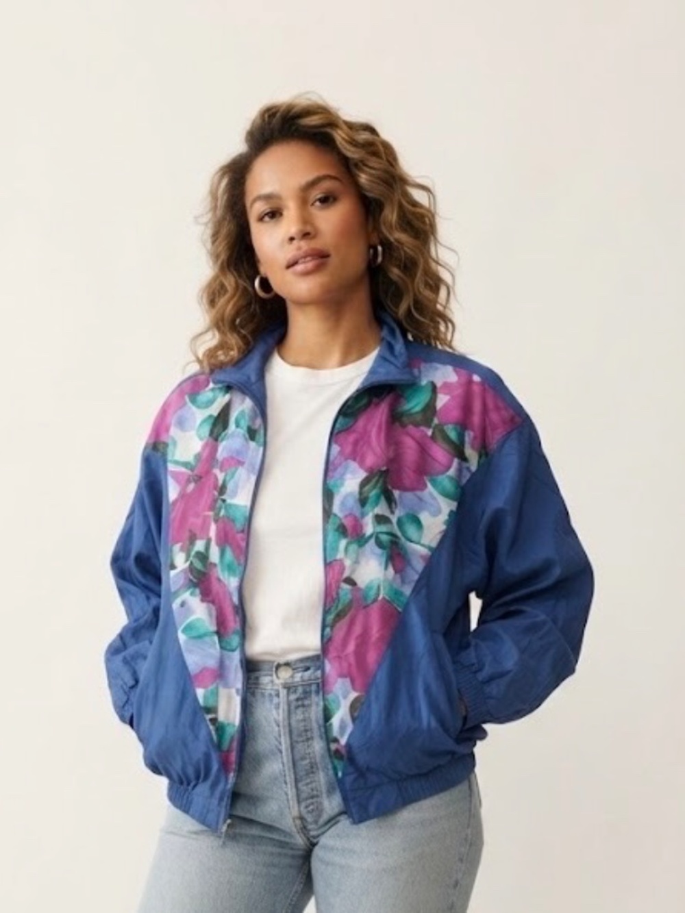 Vintage 1980s Silk Adventure Floral Bomber Windbreaker Jacket Size XL Dark Blue